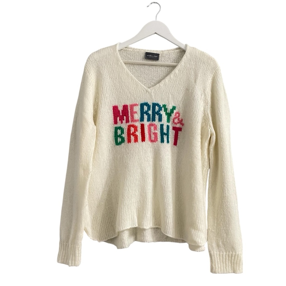 Wooden Ships Cream V-Neck Sweater with Colorful Text